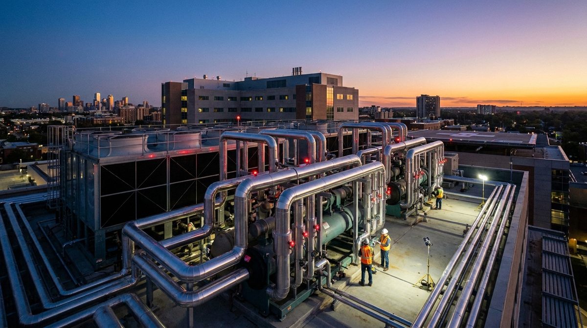 Sistema de climatização com chillers em cobertura de edifício